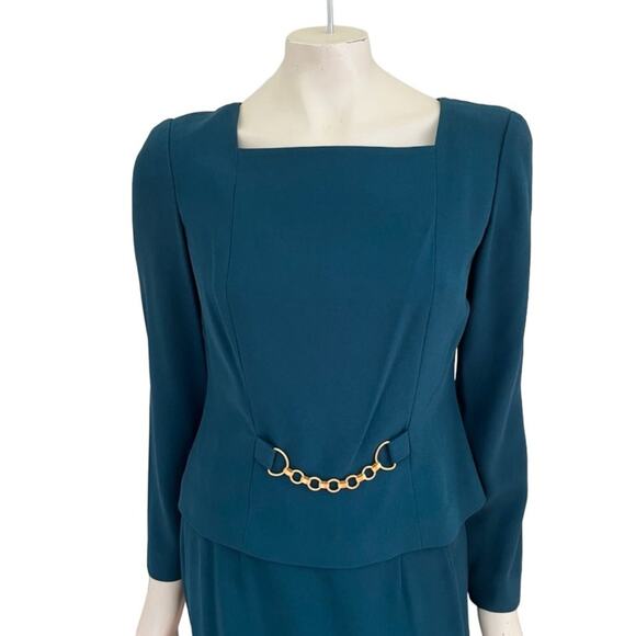 VTG LIZ CLAIBORNE 2 Piece Skirt Suit with Gold Chain Detail in Green SZ 8 - Picture 2 of 13